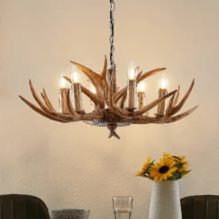 Lámpara colgante Lindby Tejask, Ø 70 cm, 6 luces, asta de ciervo, E14