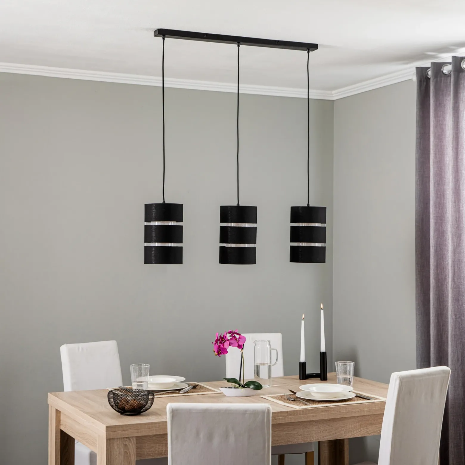 Lámpara colgante Lindby Tsomo, 950 cm, 3 luces, negro, tela