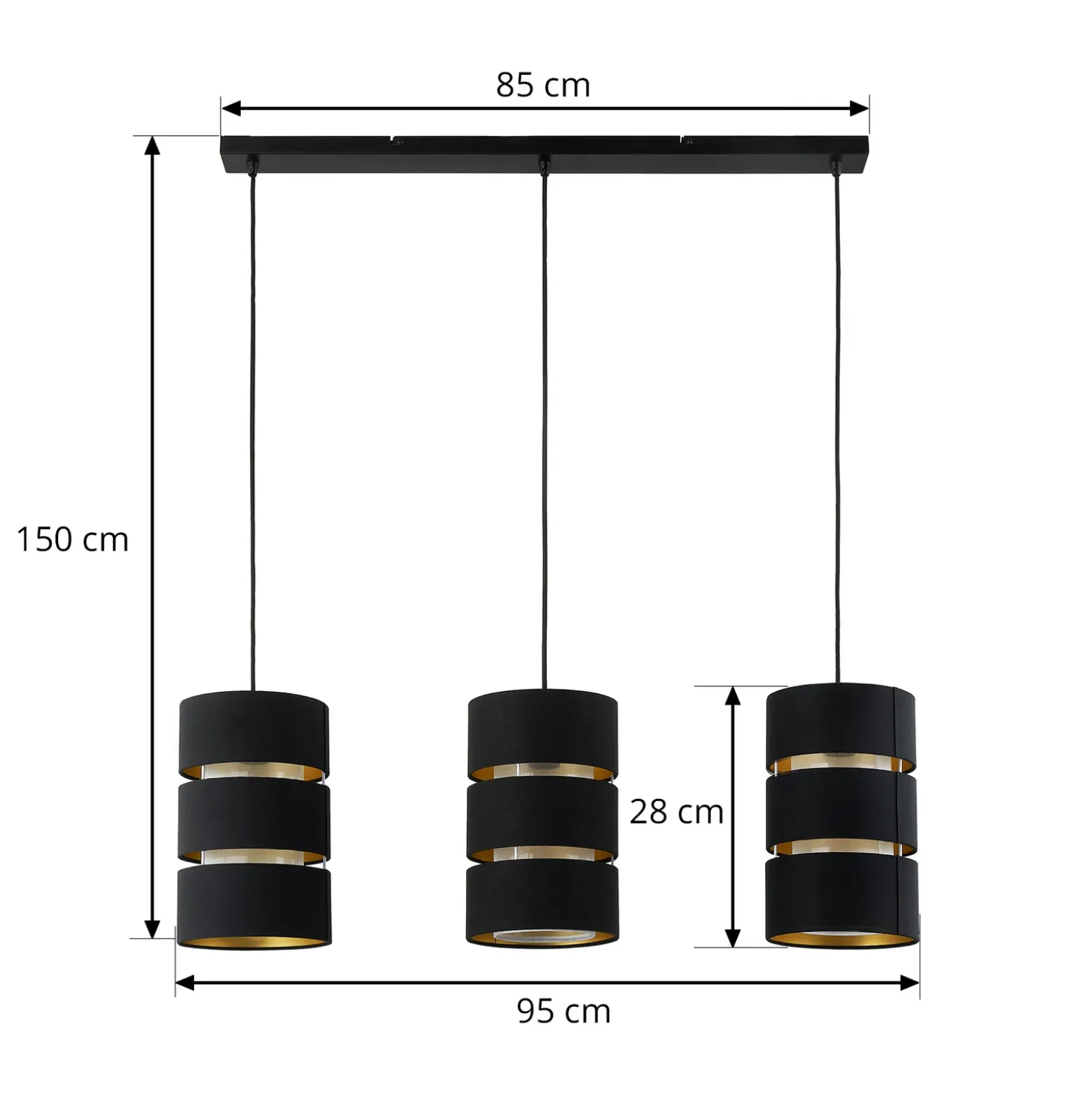 Lámpara colgante Lindby Tsomo, 950 cm, 3 luces, negro, tela
