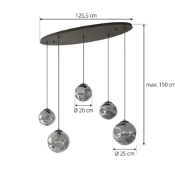 Lámpara colgante Lindby Valentina, E27, 125,5 cm de altura, gris, cristal