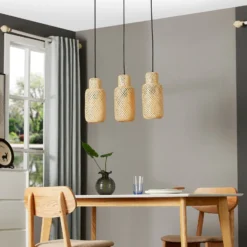 Lámpara colgante Lindby Venora, alargada, 3 luces, 15 cm, bambú