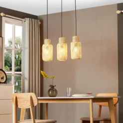 Lámpara colgante Lindby Venora, alargada, 3 luces, 15 cm, bambú