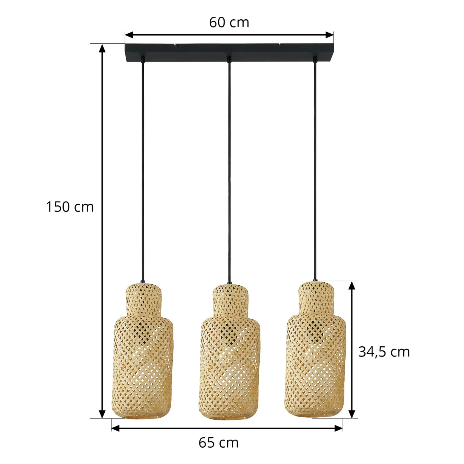 Lámpara colgante Lindby Venora, alargada, 3 luces, 15 cm, bambú