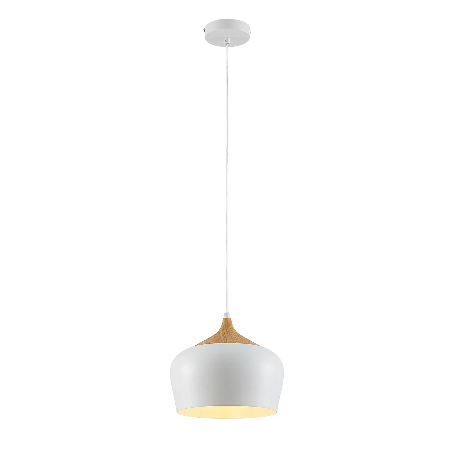 Lámpara colgante Lindby Vilsera, blanca, metal/madera, 26 cm, E27
