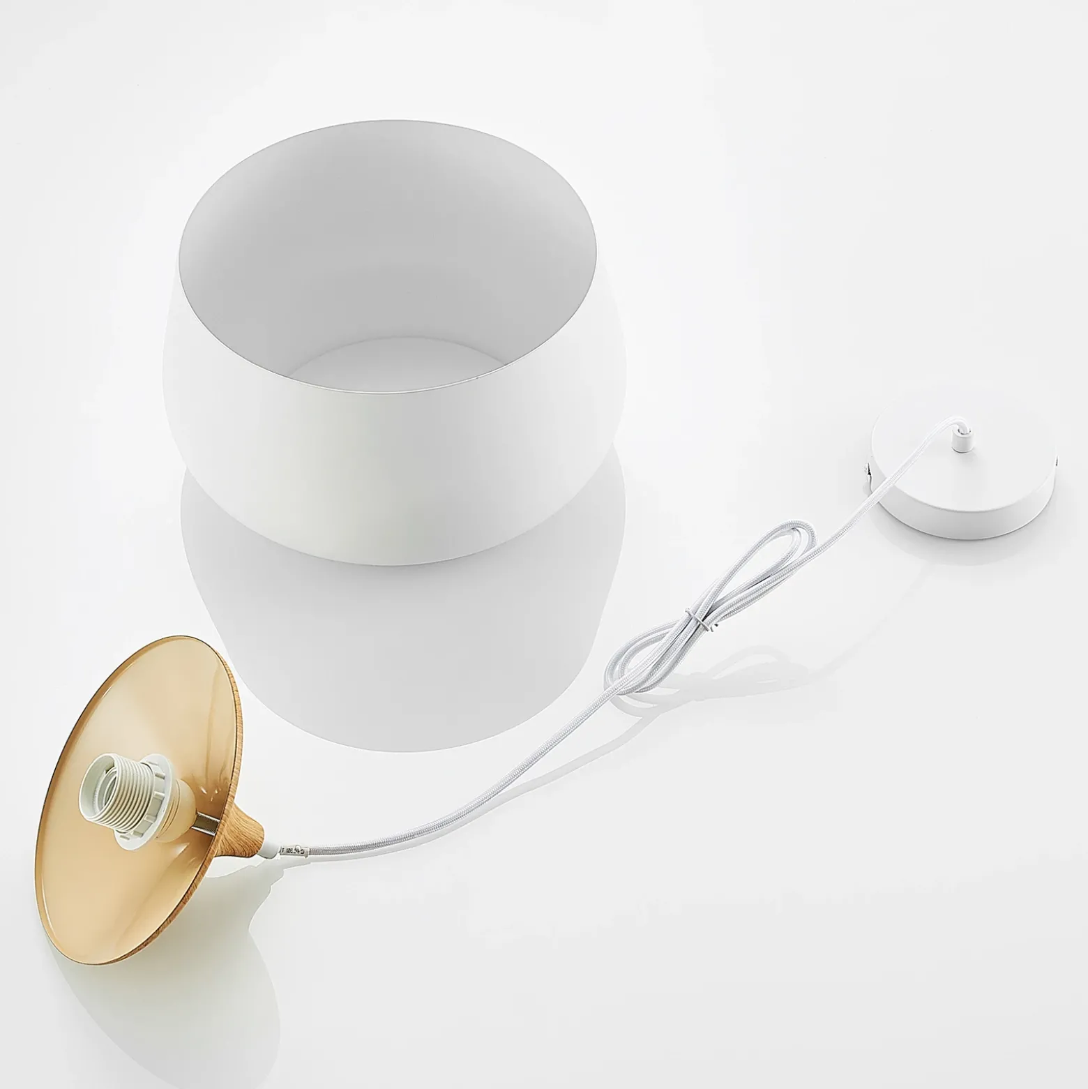 Lámpara colgante Lindby Vilsera, blanca, metal/madera, 26 cm, E27
