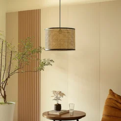 Lámpara colgante Lindby Yaelle, Ø 40 cm, ratán, negro, E27