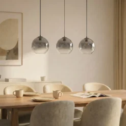 Lámpara colgante Lucande Brillar, gris humo, cristal, 3 luces, 128 cm