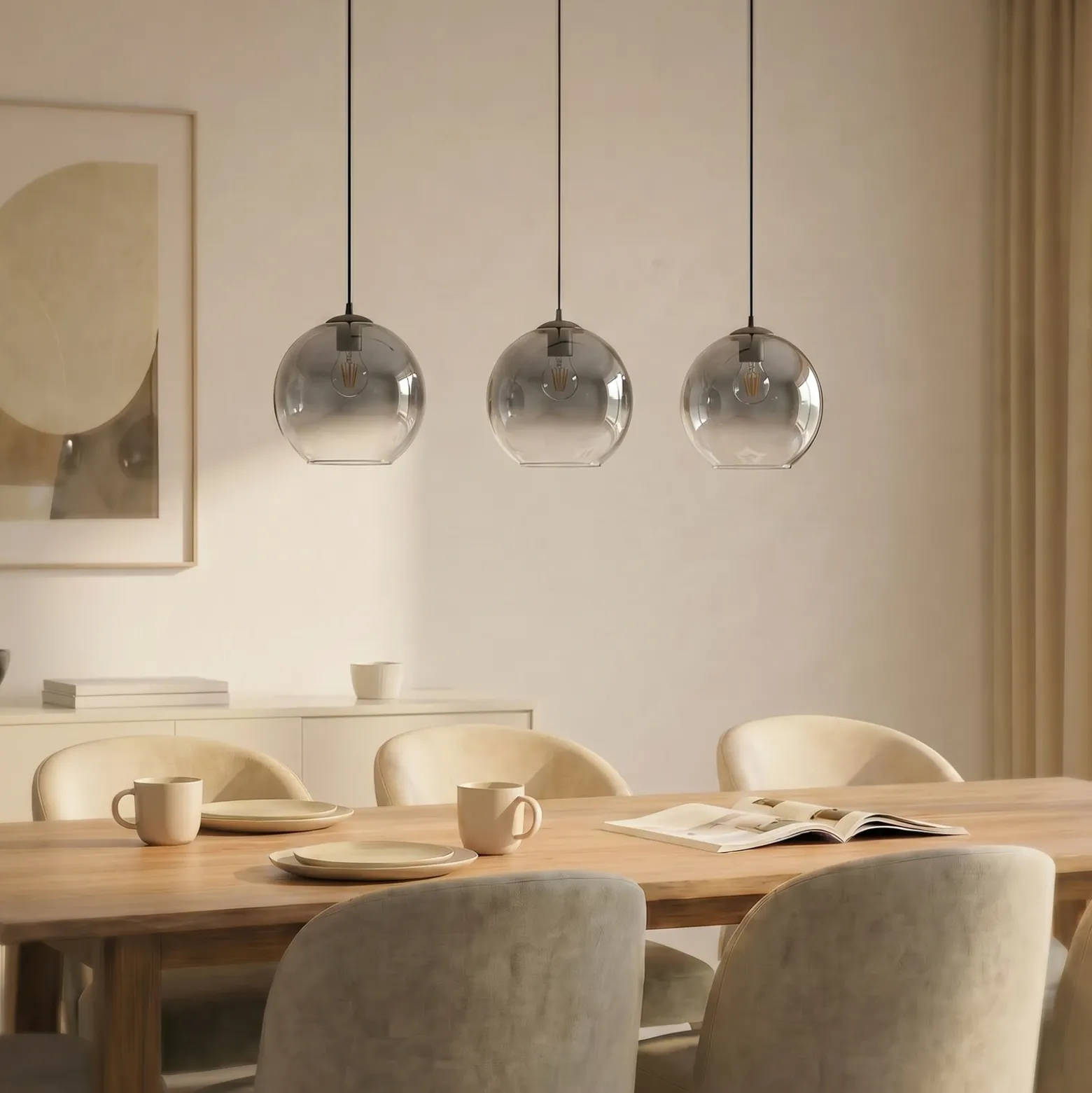 Lámpara colgante Lucande Brillar, gris humo, cristal, 3 luces, 128 cm