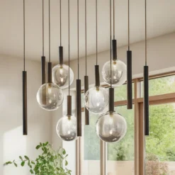 Lámpara colgante Lucande Lumavia, 12 luces, cristal, negro/transparente, G9