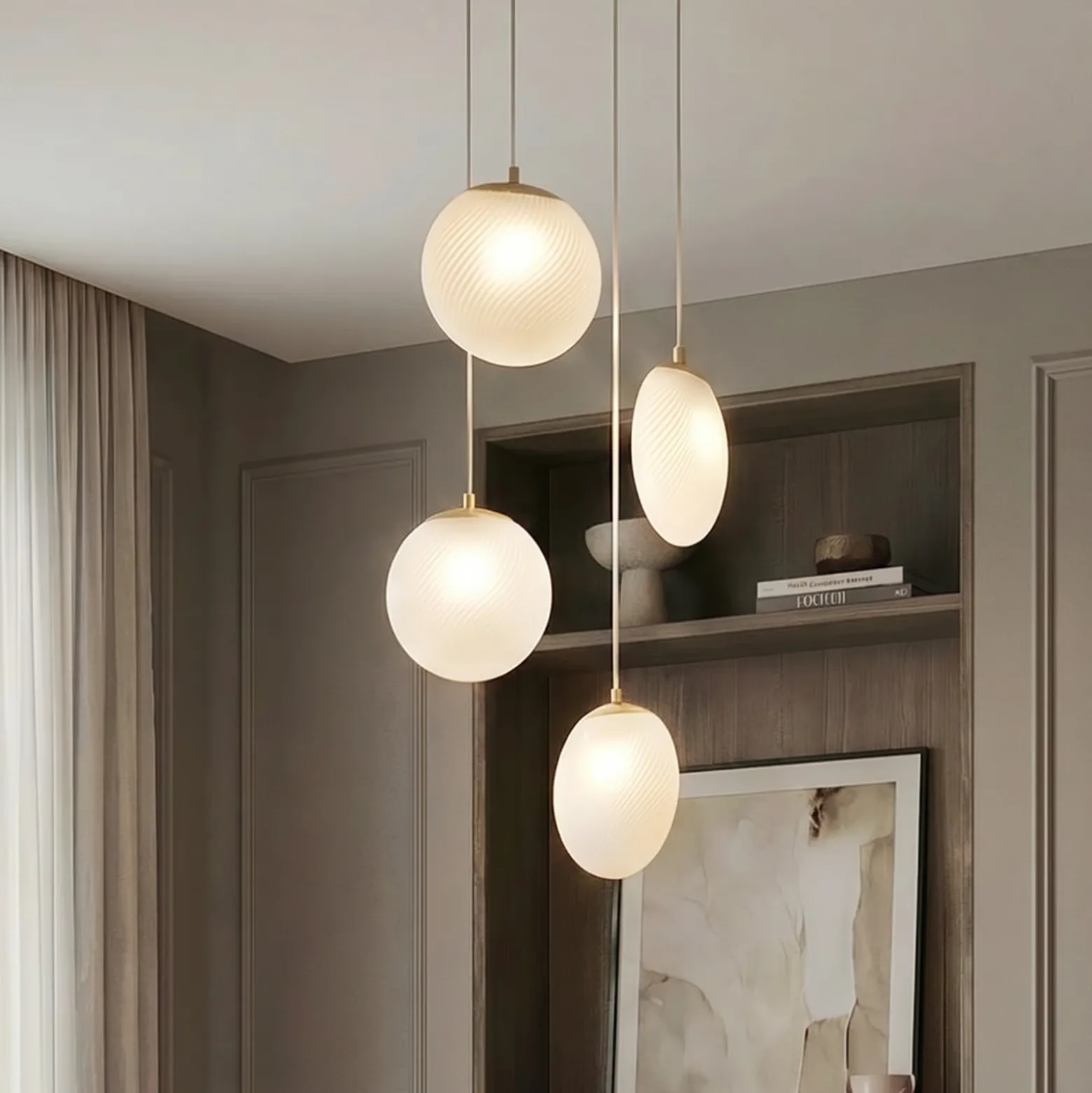 Lámpara colgante Lucande Lunelle, latón, cristal, 4 luces, Ø 40 cm