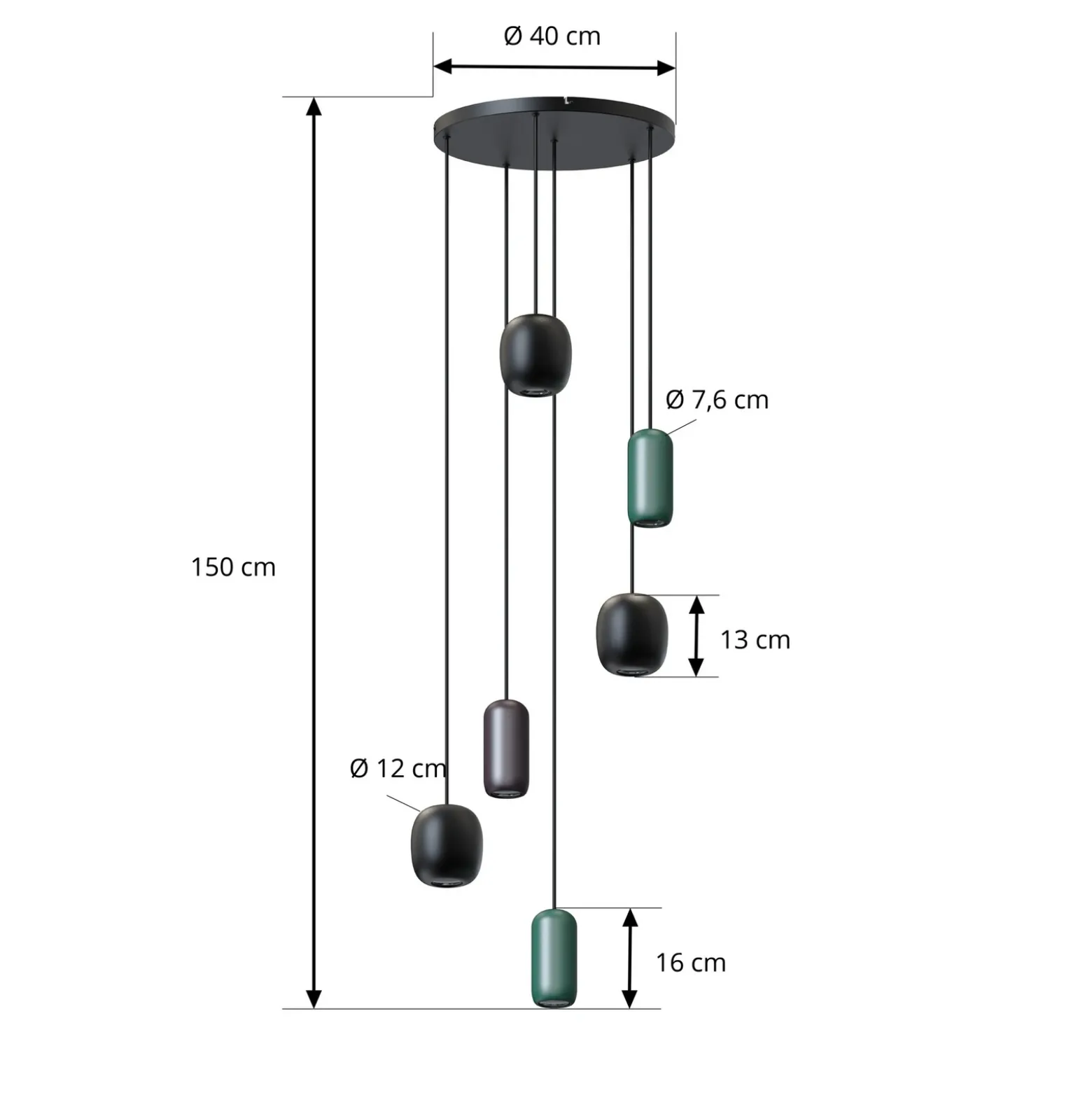 Lámpara colgante Lucande Narion, negra/de colores, 6 luces