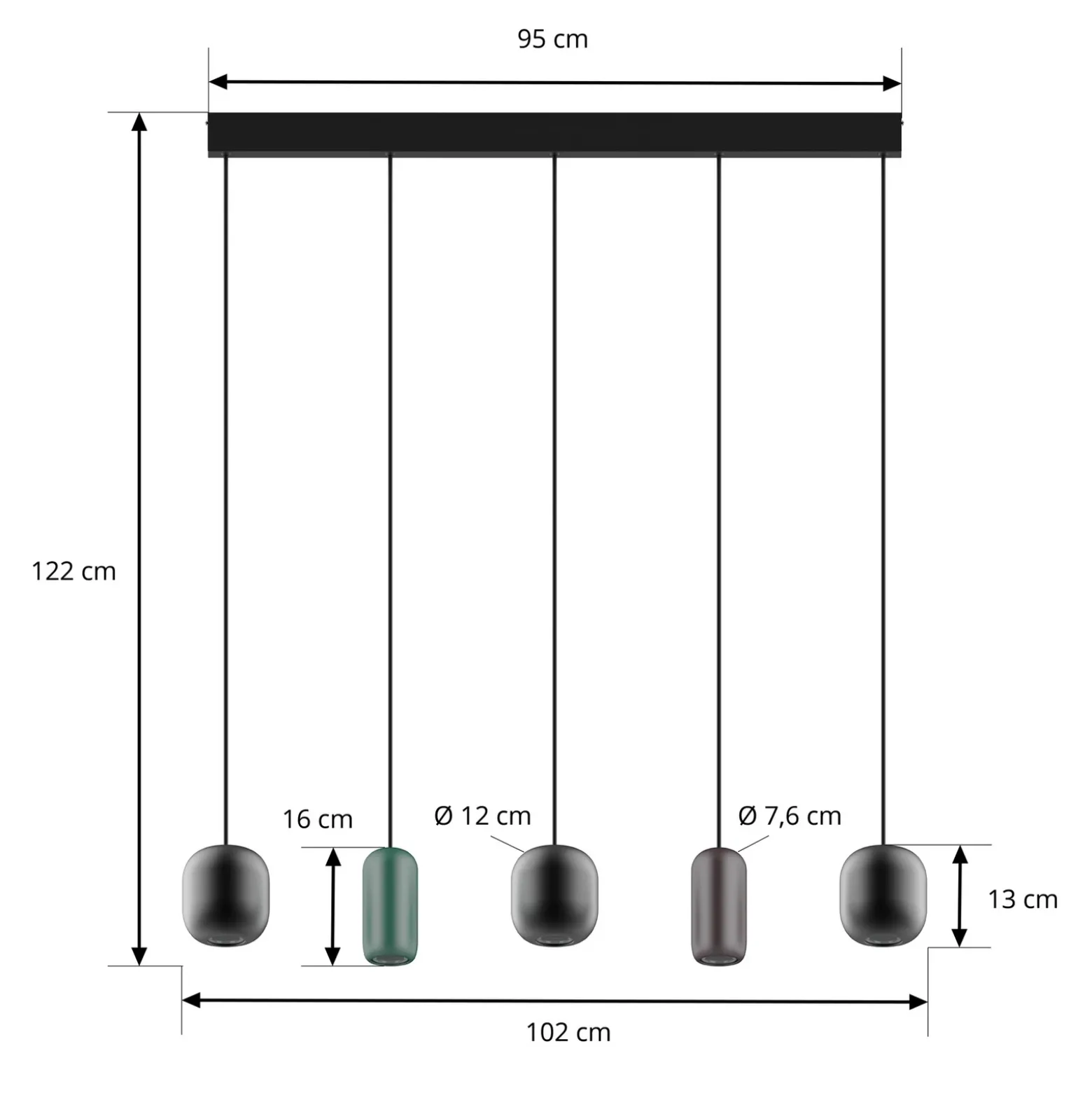 Lámpara colgante Lucande Narion, negra/de colores, 5 luces