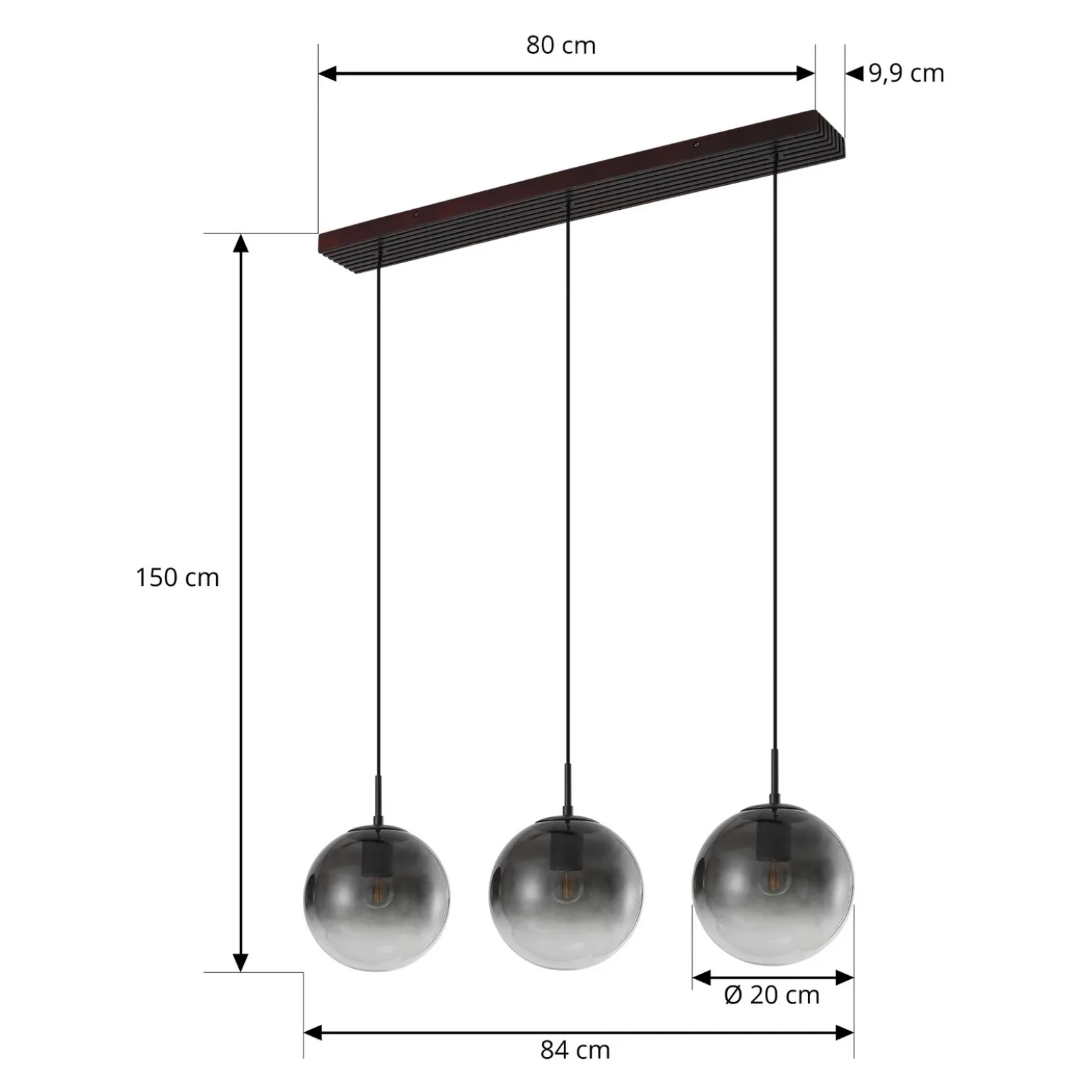 Lámpara colgante Lucande Veloura, 3 luces, 84 cm, cristal, madera
