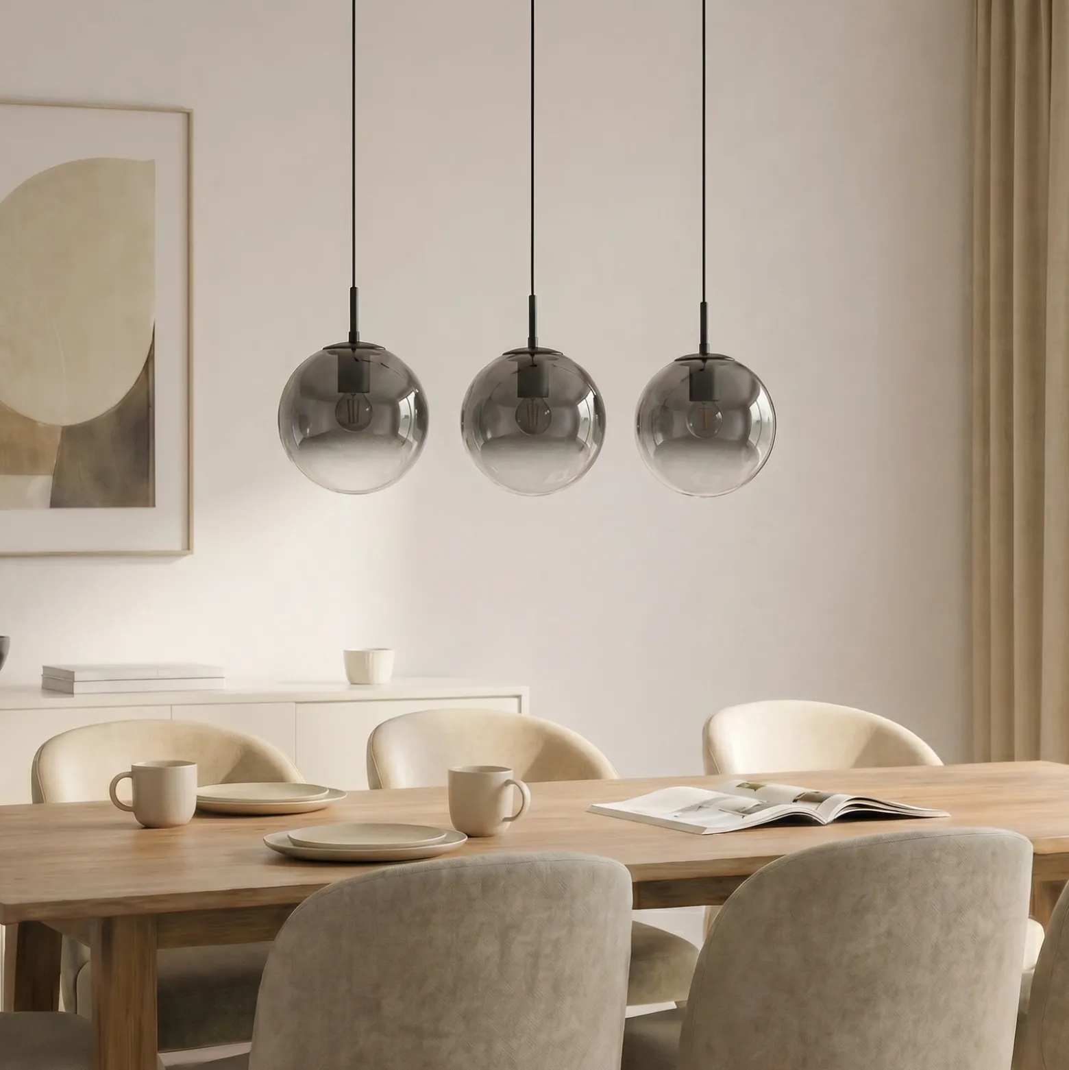 Lámpara colgante Lucande Veloura, 3 luces, 84 cm, cristal, madera