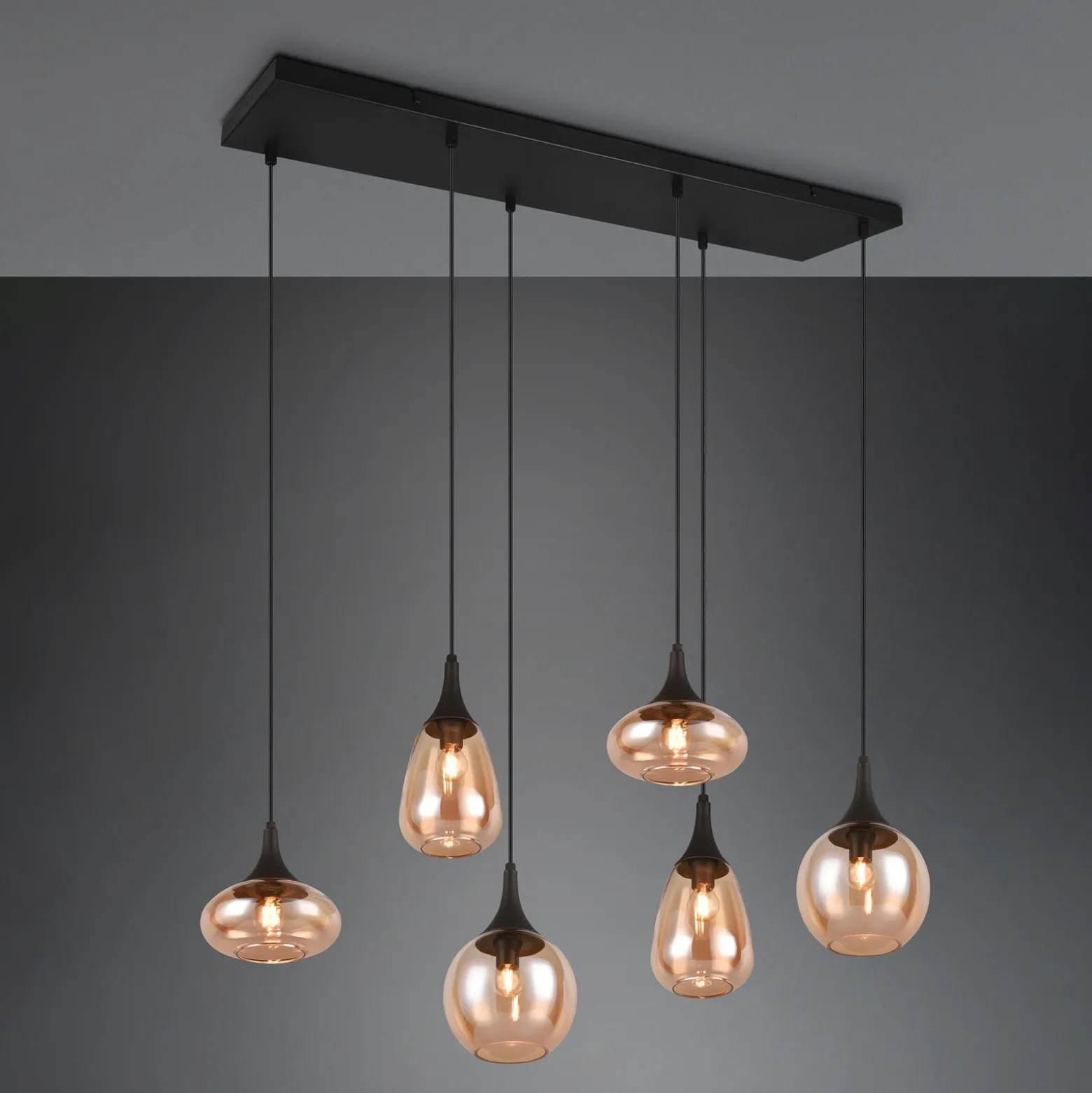 Lámpara colgante Lumina, 6 luces, negro/ámbar, cristal