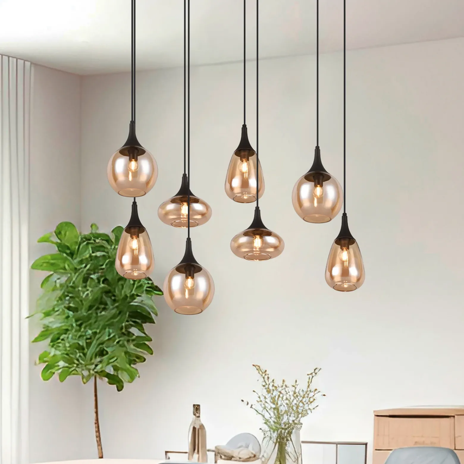 Lámpara colgante Lumina, 8 luces, negro/ámbar, cristal