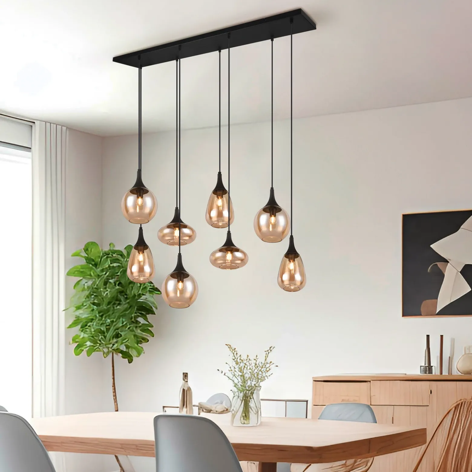 Lámpara colgante Lumina, 8 luces, negro/ámbar, cristal