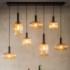 Lámpara colgante Maloto, cristal, 7 luces, ámbar, 150 cm