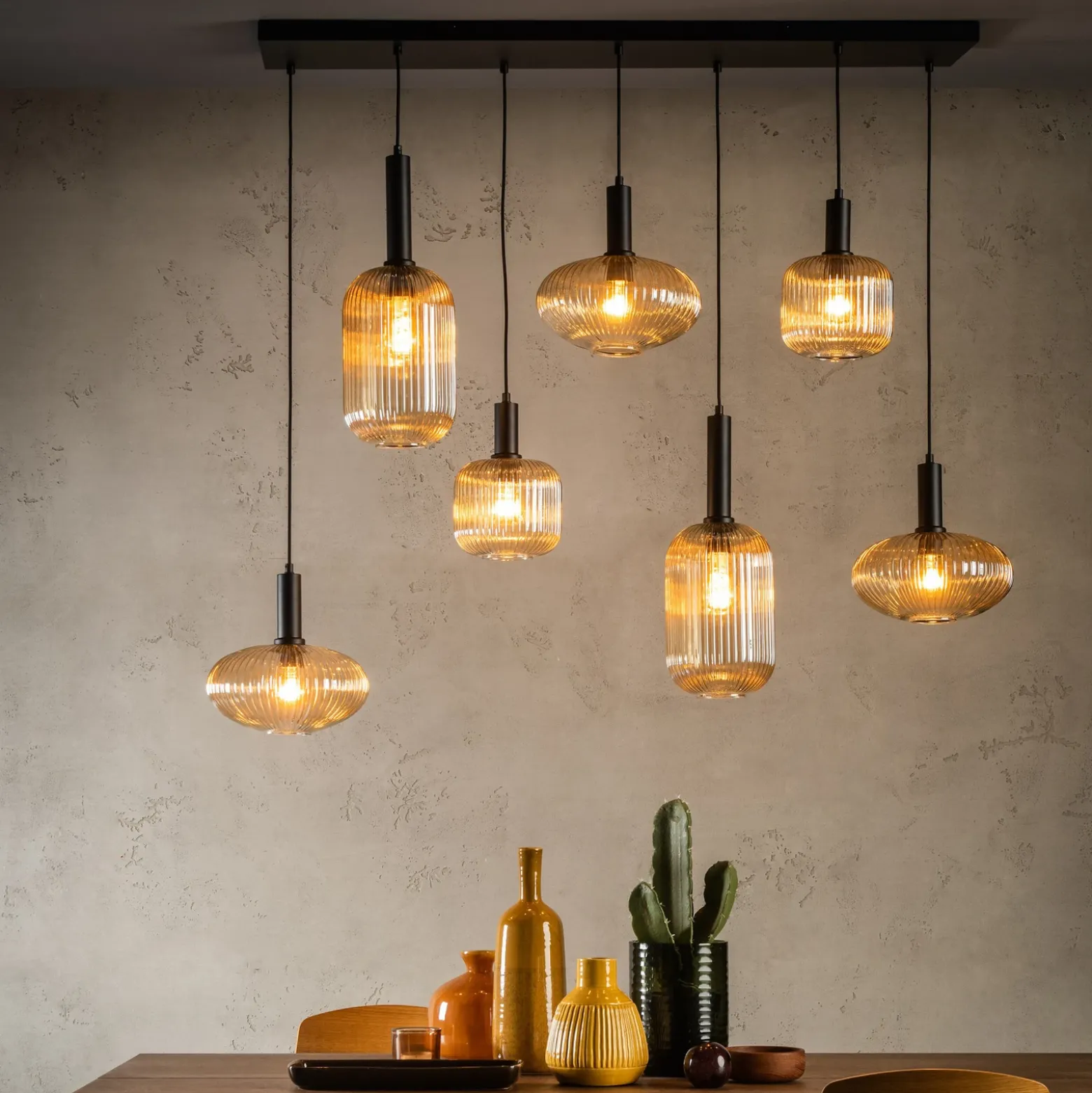 Lámpara colgante Maloto, cristal, 7 luces, ámbar, 150 cm