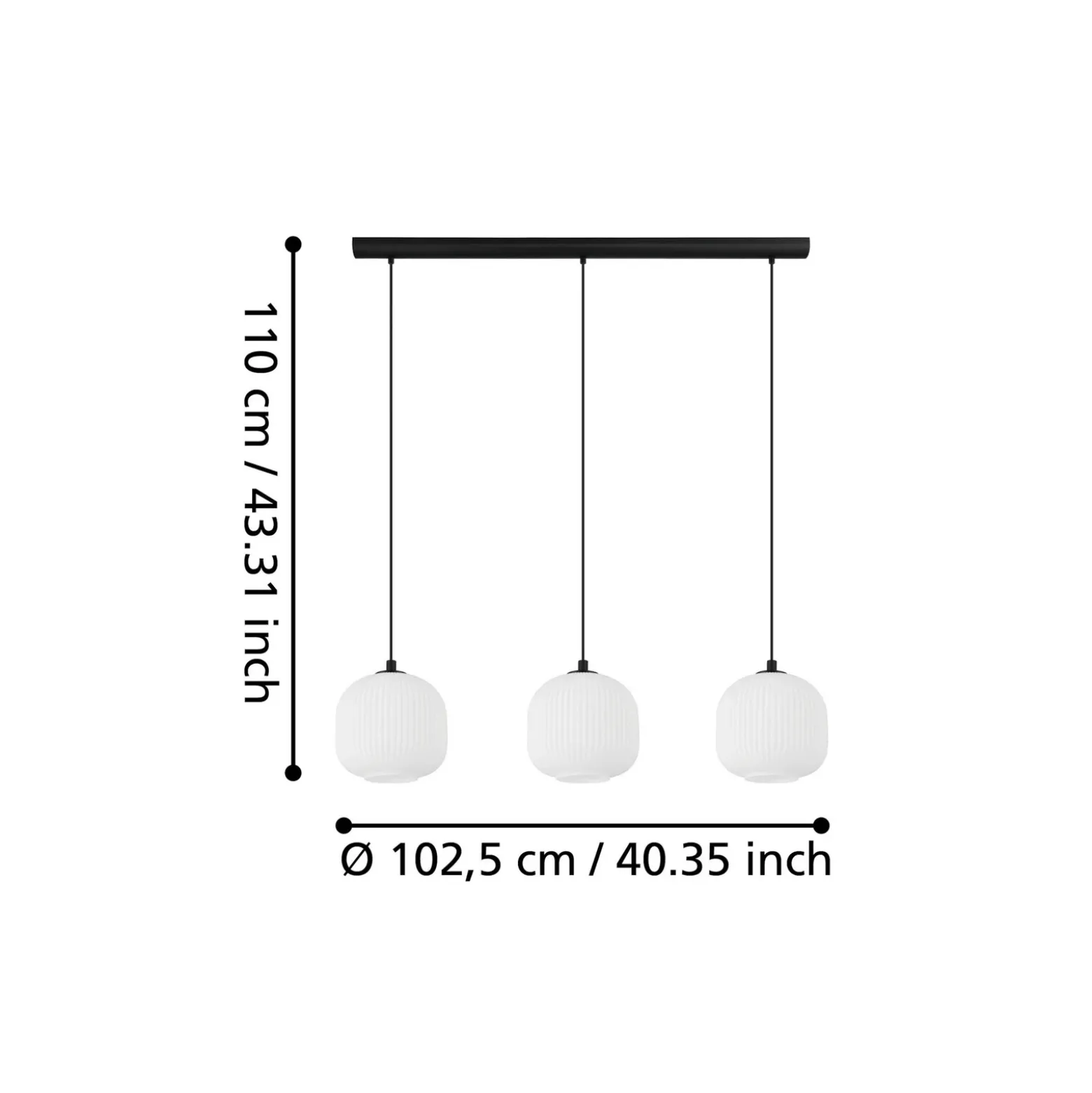 Lámpara colgante Mantunalle, longitud 120 cm, negro/blanco, 3 luces.