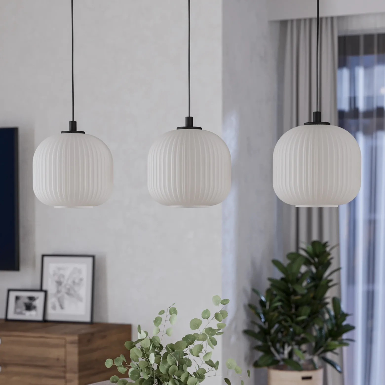 Lámpara colgante Mantunalle, longitud 120 cm, negro/blanco, 3 luces.