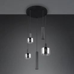Lámpara colgante Mataro, cromo/negro, Ø 55 cm 5 luces cristal/metal