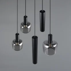 Lámpara colgante Mataro, cromo/negro, Ø 55 cm 5 luces cristal/metal