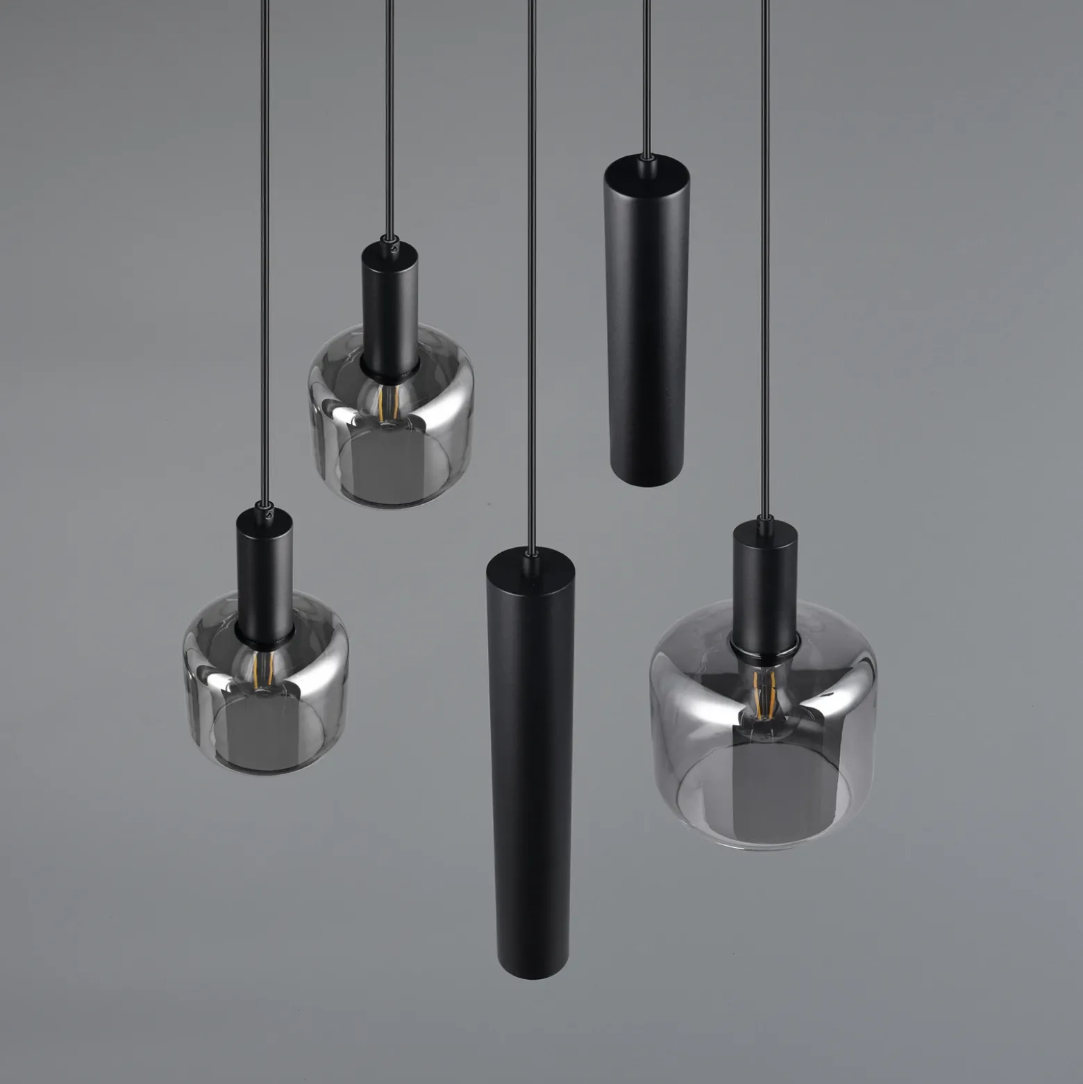 Lámpara colgante Mataro, cromo/negro, Ø 55 cm 5 luces cristal/metal