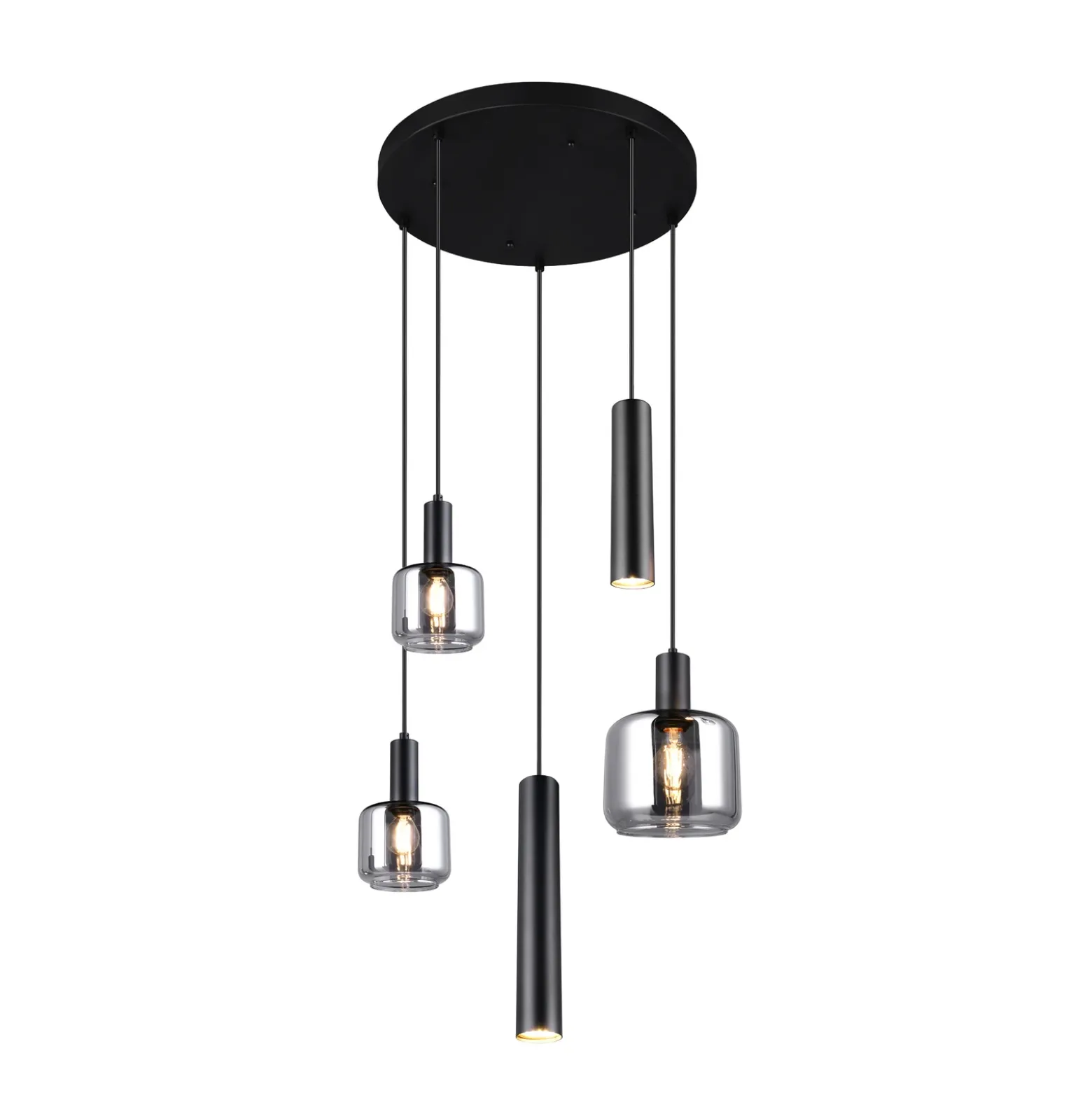 Lámpara colgante Mataro, cromo/negro, Ø 55 cm 5 luces cristal/metal