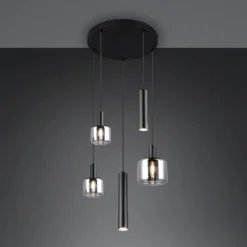 Lámpara colgante Mataro, cromo/negro, Ø 55 cm 5 luces cristal/metal