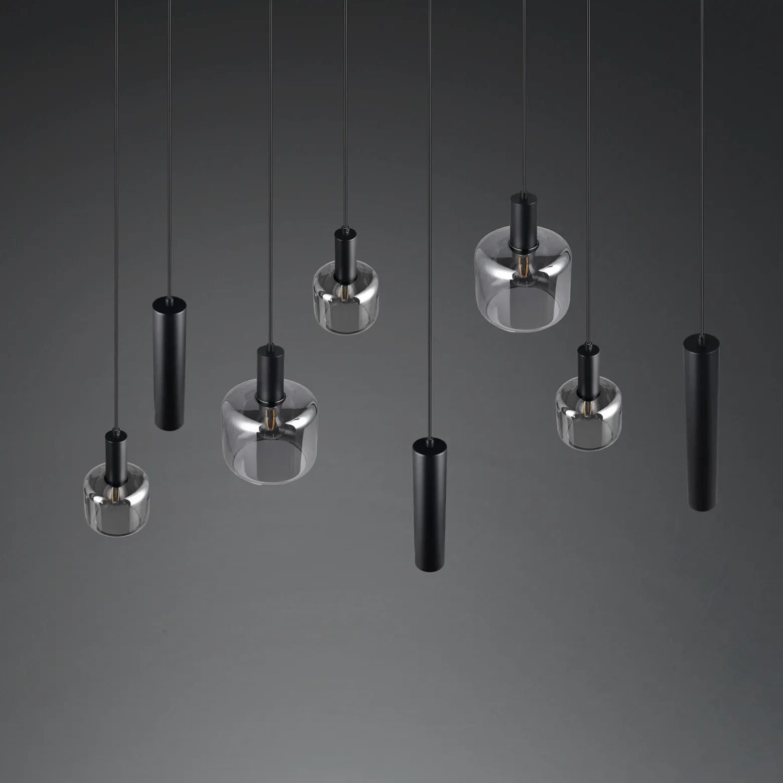 Lámpara colgante Mataro, cromo/negro, 118 cm, 8 luces cristal/metal