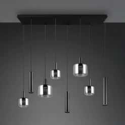 Lámpara colgante Mataro, cromo/negro, 118 cm, 8 luces cristal/metal