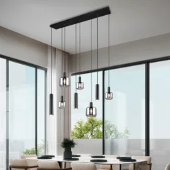 Lámpara colgante Mataro, cromo/negro, 118 cm, 8 luces cristal/metal