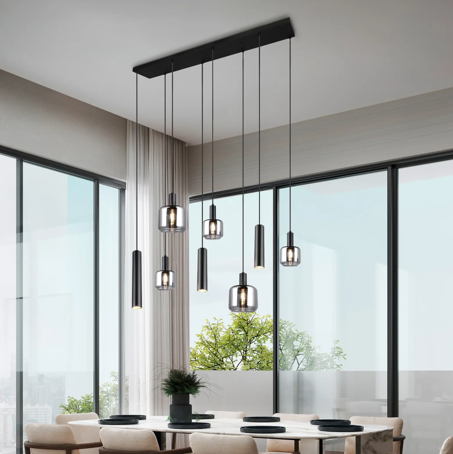 Lámpara colgante Mataro, cromo/negro, 118 cm, 8 luces cristal/metal