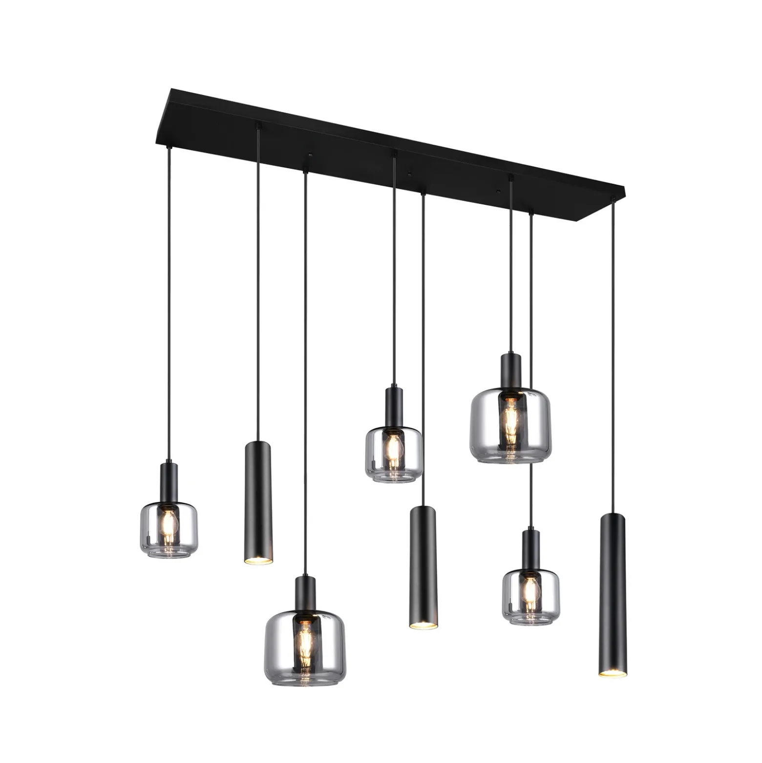 Lámpara colgante Mataro, cromo/negro, 118 cm, 8 luces cristal/metal