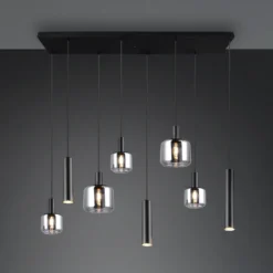 Lámpara colgante Mataro, cromo/negro, 118 cm, 8 luces cristal/metal