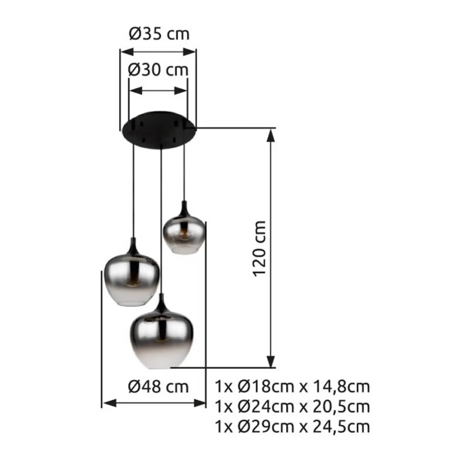 Lámpara colgante Maxy, Ø 48 cm, gris humo, cristal, 3 luces.