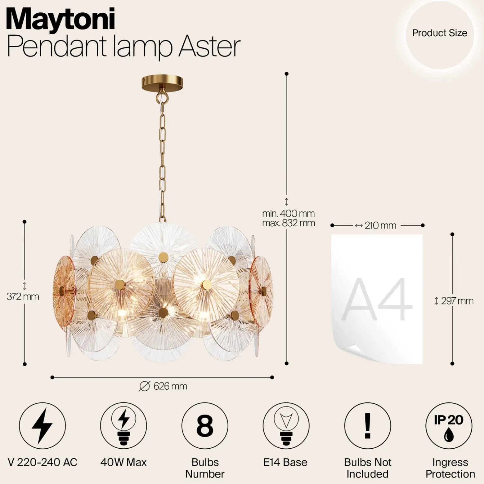 Lámpara colgante Maytoni Aster, cristal, Ø 62,6 cm, 8 x E14