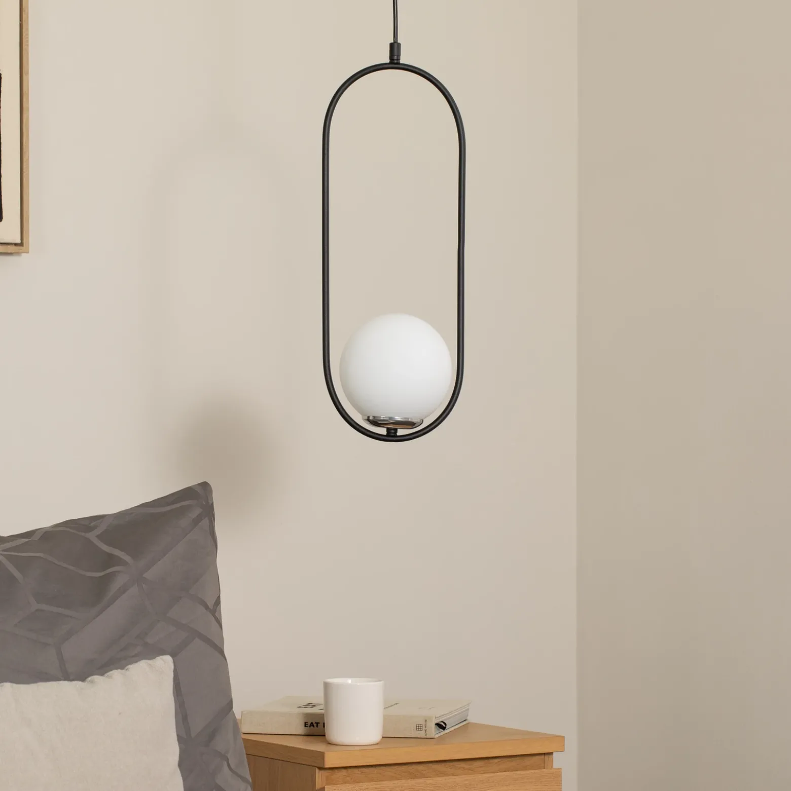 Lámpara colgante Mudoni, negro/blanco, vidrio, metal, E27