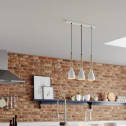 Lámpara colgante Muza, 3 luces, blanco/madera clara