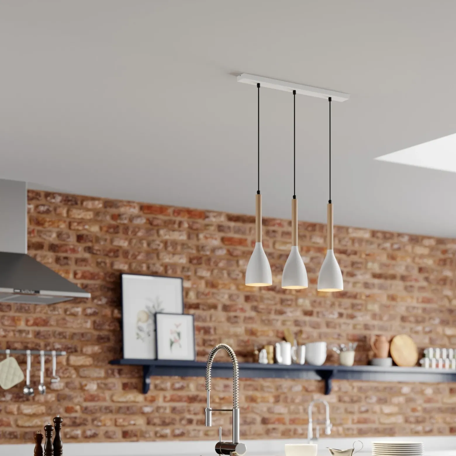 Lámpara colgante Muza, 3 luces, blanco/madera clara
