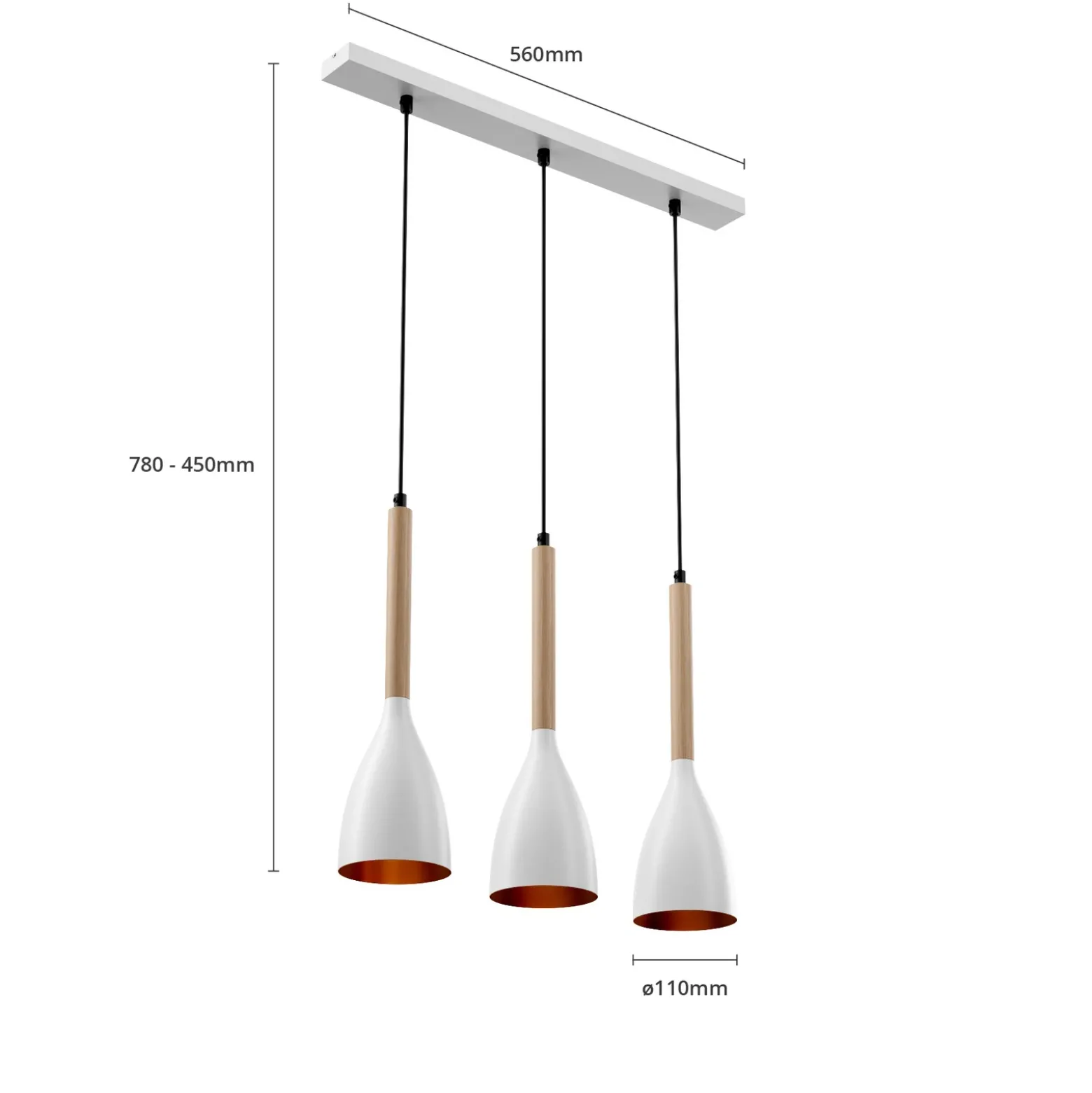 Lámpara colgante Muza, 3 luces, blanco/madera clara
