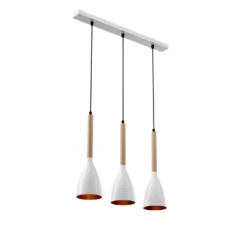 Lámpara colgante Muza, 3 luces, blanco/madera clara