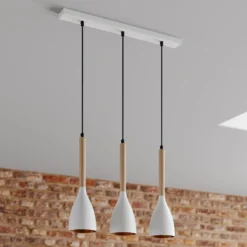 Lámpara colgante Muza, 3 luces, blanco/madera clara