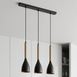 Lámpara colgante Muza 3 luces larga negro/madera clara