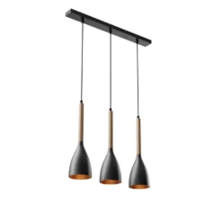 Lámpara colgante Muza 3 luces larga negro/madera clara