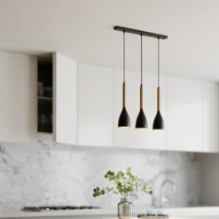 Lámpara colgante Muza 3 luces larga negro/madera clara