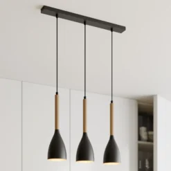 Lámpara colgante Muza 3 luces larga negro/madera clara