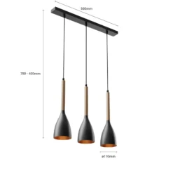 Lámpara colgante Muza 3 luces larga negro/madera clara