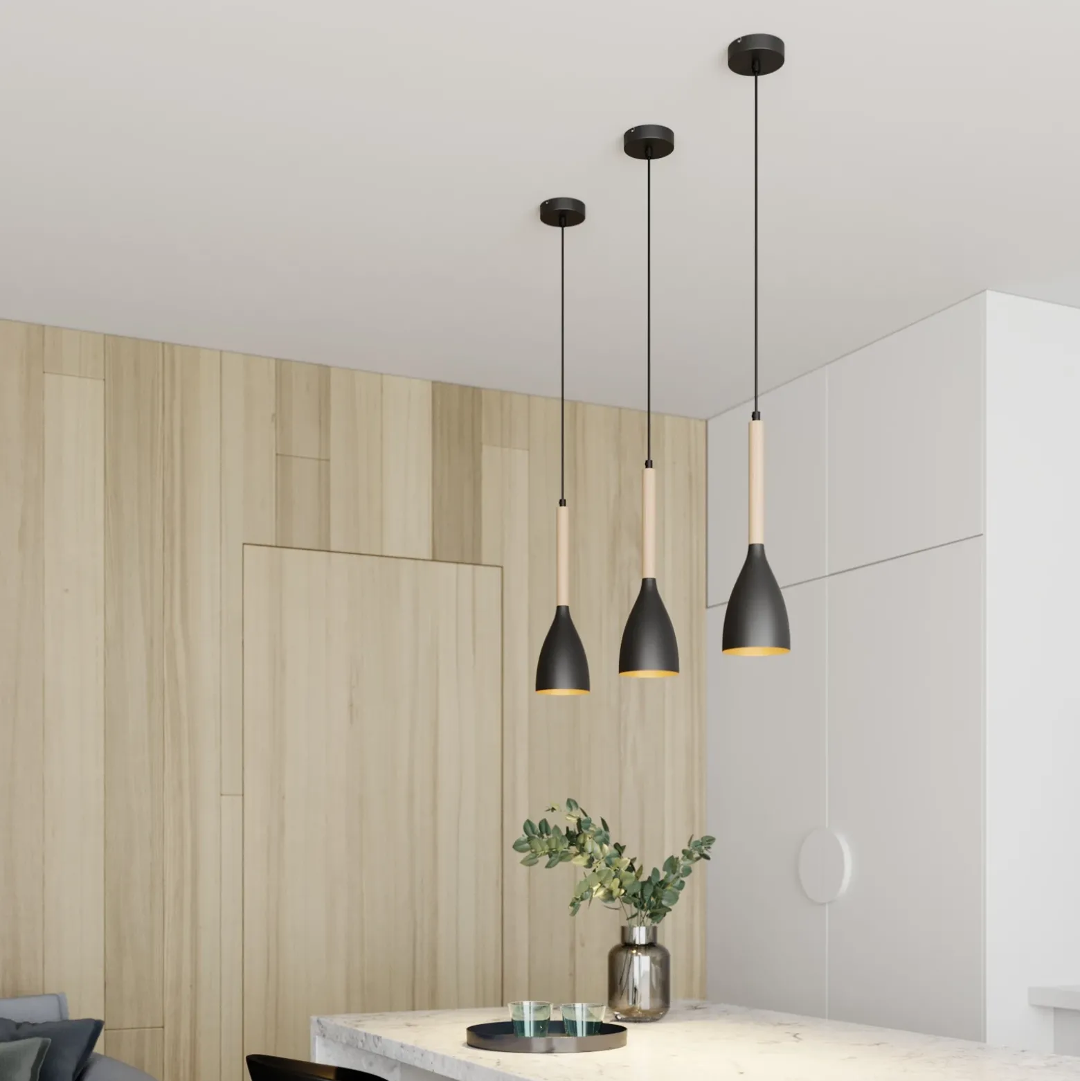 Lámpara colgante Muza, negro/madera clara, Ø 11 cm